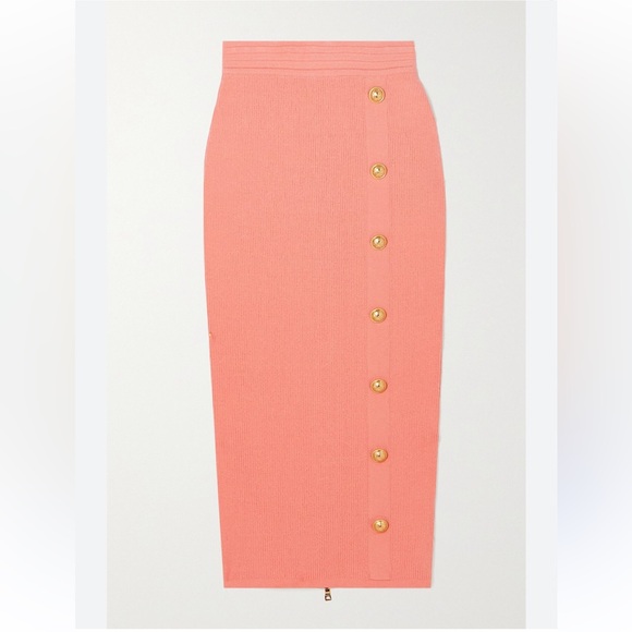 Balmain Button-Embellished Coral Midi Skirt